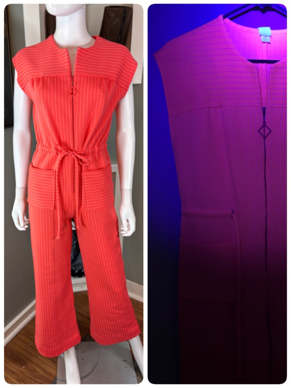 Vintage 70s Neon Coral Pinstripe Jumpsuit Flared Cropped Leg Polyester Medium M